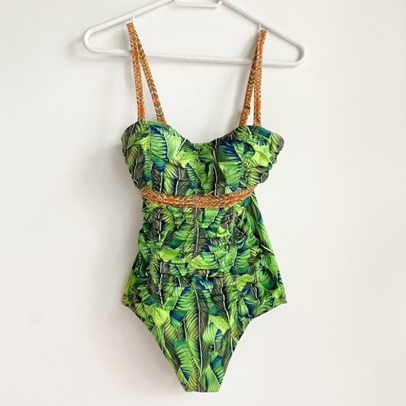 NEW Anita Tropical Leaf Print Ruched Detail Removable Strap One Piece Swimsuit S - Picture 1 of 8
